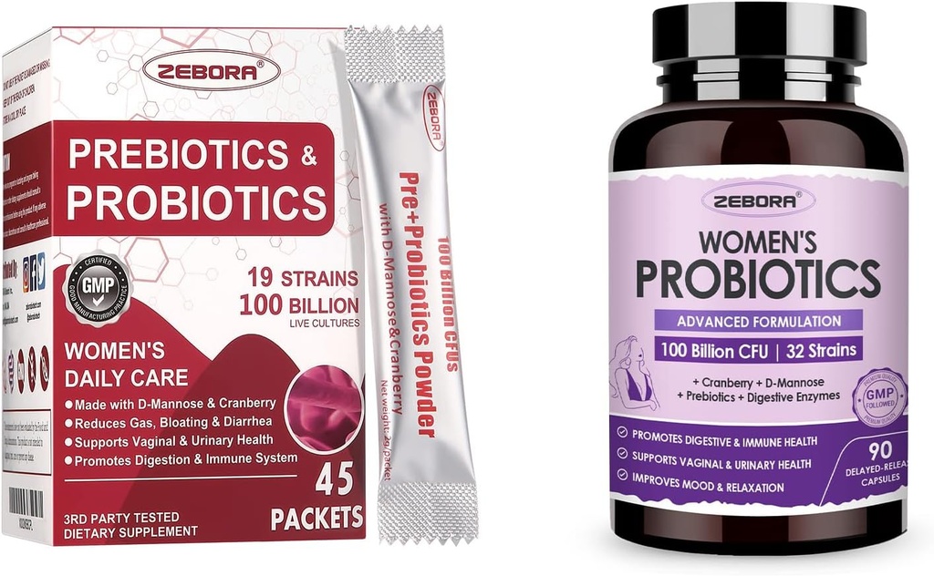 ZEBORA Probiotics-for-Women 100-Billion-CFUsプレバイオティクス、D-Mannose&Cranberry Digestive、免疫、フェミニンUT健康サポート、究極のプロバイオティック女性のケア、大豆&グルテンフリー、45パケット