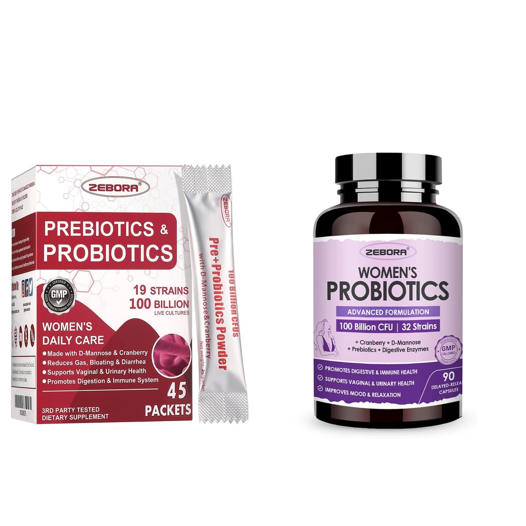 ZEBORA Probiotics-for-Women 100-Billion-CFUsプレバイオティクス、D-Mannose&Cranberry Digestive、免疫、フェミニンUT健康サポート、究極のプロバイオティック女性のケア、大豆&グルテンフリー、45パケット