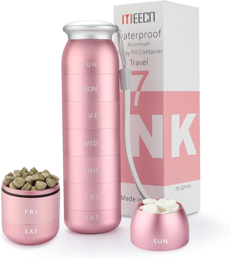 ウィークリーピルオーガナイザー、ポータブル旅行7日、防水容器、大型、アルミニウム、金属、ビタミン、タラ肝油、サプリメント、医薬品(ピンク)