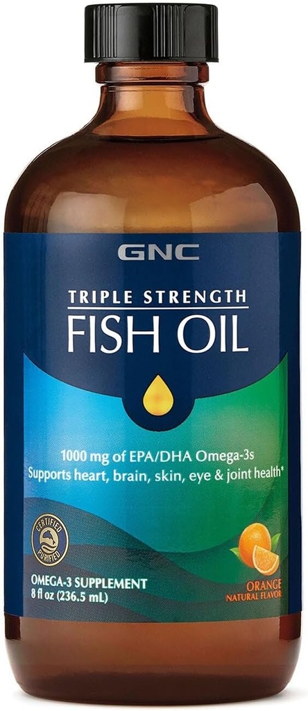 GNC の三重力の魚油の液体の補足、野生の深い洋のキャッチ。 1000mg EPA DHA Omega 3s を使って、のために、中心、頭脳、皮、目、接合箇所の健康、自然なオレンジ味、8 Fl Oz、47 のサービング