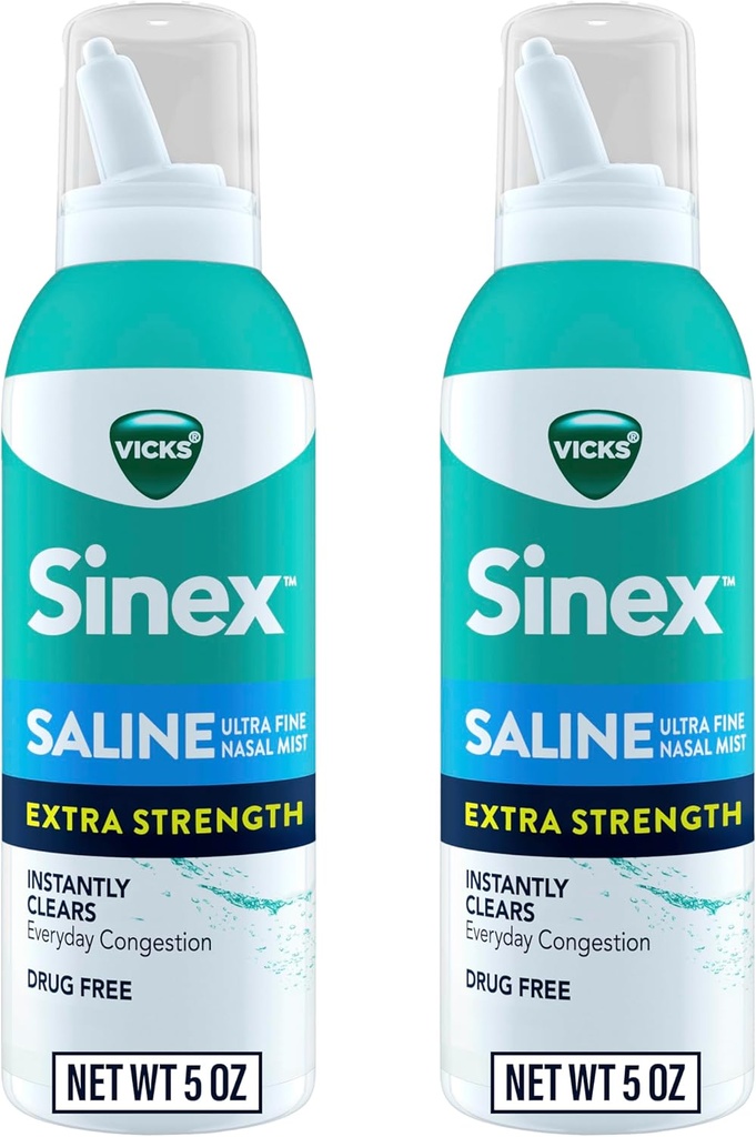 VICKSのSinexのサリンの余分強さの鼻のスプレー、3X集中*の薬剤の自由な超良い霧は、即刻Mucusを取り除きます、毎日の使用のための安全な明確な混雑に超集中されて、5つのOZ x 2を乾燥します