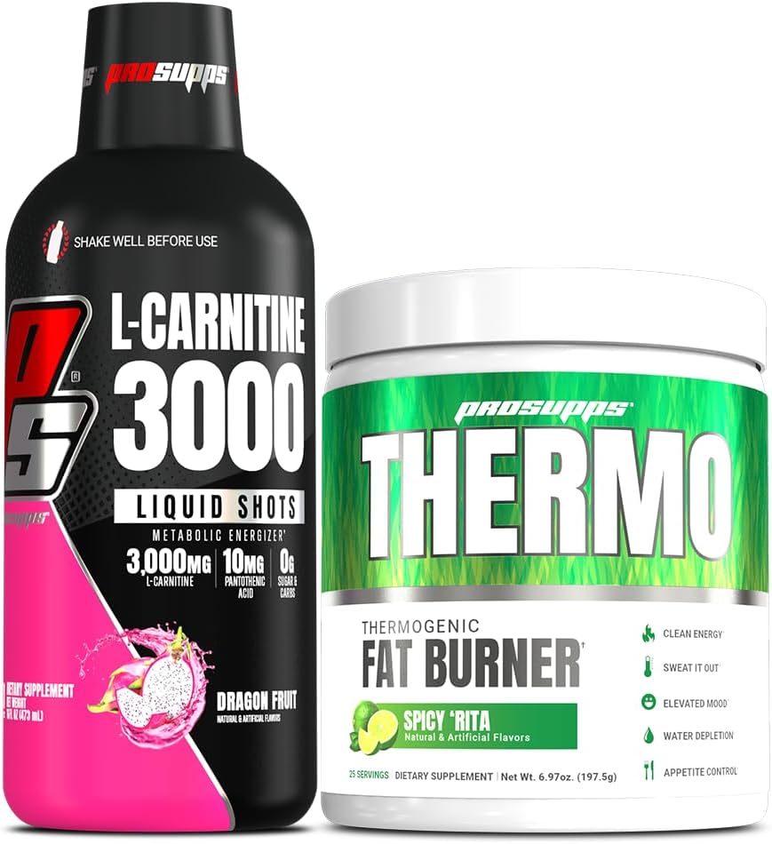 PROSUPPS L-カルニチン3000興奮剤フリー液体ショット(31サービング、ドラゴンフルーツ)とサーモ脂肪燃焼熱質粉末(25サービング、スパイシー'リタ)バンドル