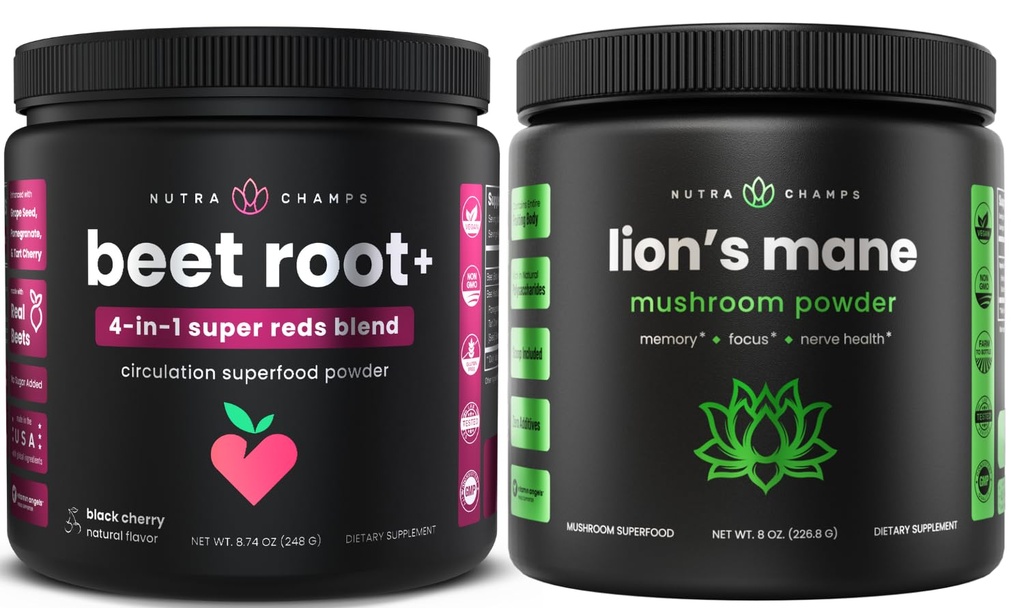 NutraChampsビートルートパウダー&ライオンズマネパウダー。 強力な循環と適応物質ブレンド