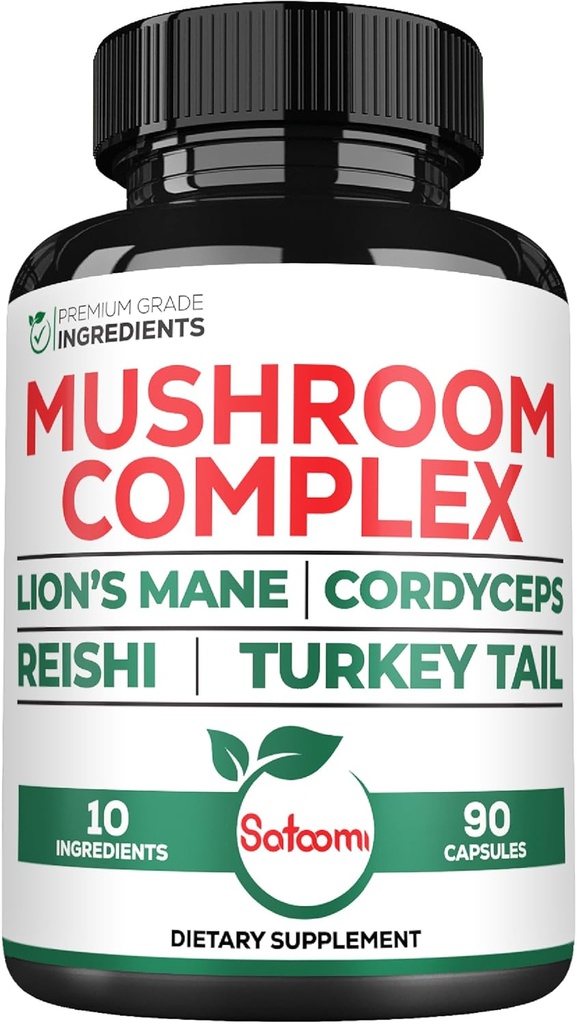 Satoomi 10in1 Lions Mane Supplement Complex - Cordyceps Sinensis、Reishiのきのこ、トルコの尾のきのこ及び他と混合される - 3か月のための90の計算