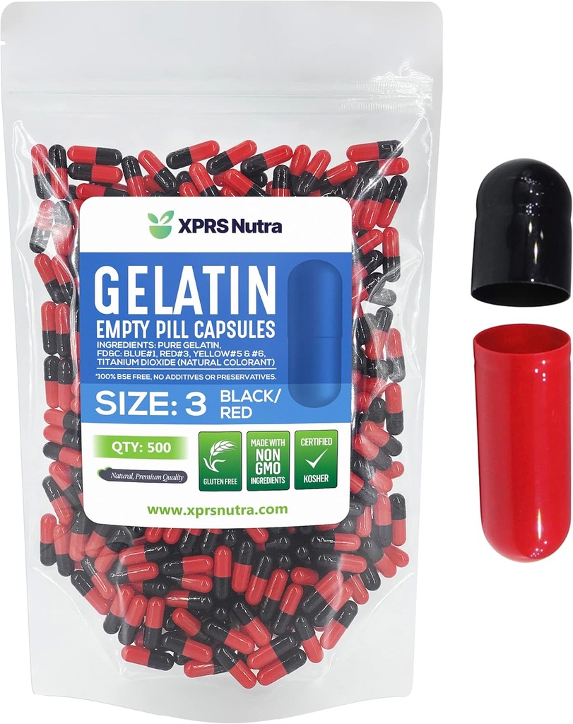 XPRSのNutraのサイズ3の空のカプセル- 500の計算の空のゼラチンのカプセル-Pills DIYのカプセルの詰物-純粋な牛の丸薬のゲルの帽子は-それあなたの自己のビタミンおよび補足を(黒/赤)満たします