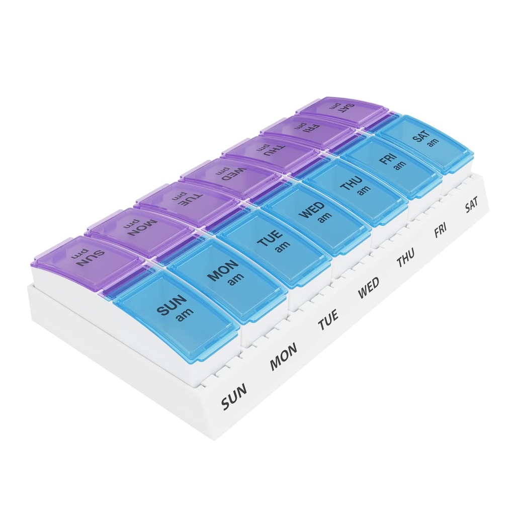Ezy Dose Weekly(7日間) AM / PM Pill Organizer、ビタミンおよび薬箱、小さなポップアップコンパートメント、日2回、青と紫のふた
