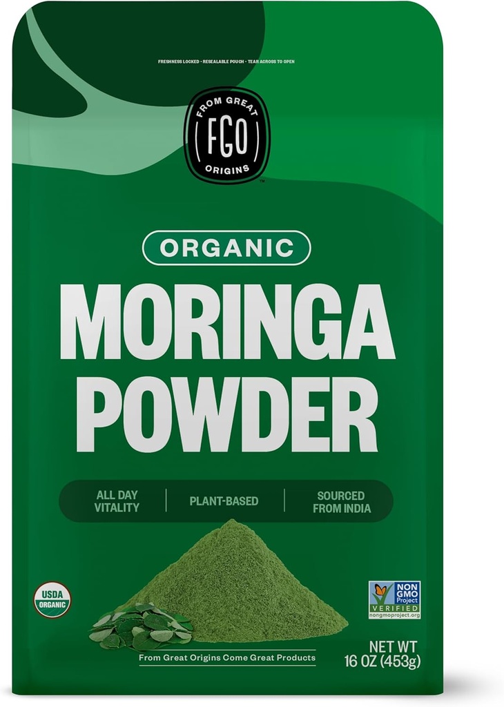 FGO有機モリンガOleiferaリーフパウダー、16ozバルクResealableポーチ、インド、非GMO、パッケージング5月Vary(パッケージ1)