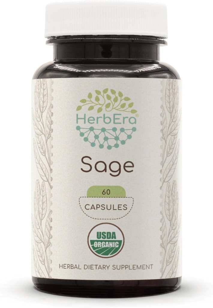 ハーブエイラセージ60カプセル、500mg、USDA有機セージ(サルビアオフィシナリス)ドライリーフ(60カプセル)