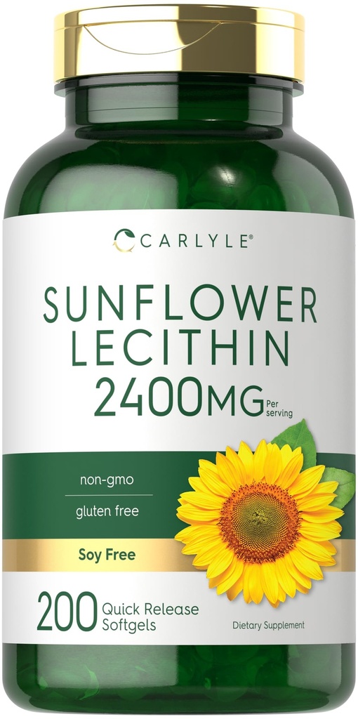カーライルヒマワリレシチンソフトゲルカプセル | 2400mg | 200カウント | リンスファチジルコリンで豊富 | 非GMO、大豆フリー、グルテンフリーサプリメント