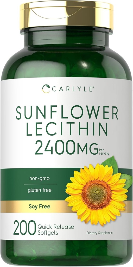 Carlyle Sunflower Lecithin Softgel Capsules | 2400mg | 200 Count | Rich in Phosphatidyl Choline | Non-GMO, Soy Free, Gluten Free Supplement