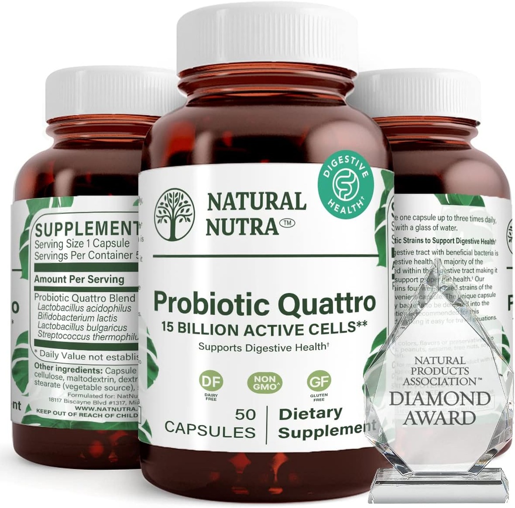 自然Nutra Probiotic Quattro - 乳酸菌、Bifidusを含む4つの強力な株を備えた高度なプロバイオティックサプリメント - 消化および免疫の健康をサポート - 50ベジタリアンカプセル