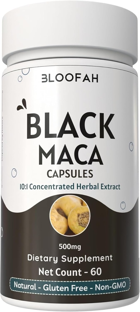 ブラックマカカプセル500mg | 10:1 エキスパウダー | 濃縮ハーブサプリメント | ノンGMO、グルテンフリー、マカルートエキス | プレミアムハーブ栄養(60 カウント)