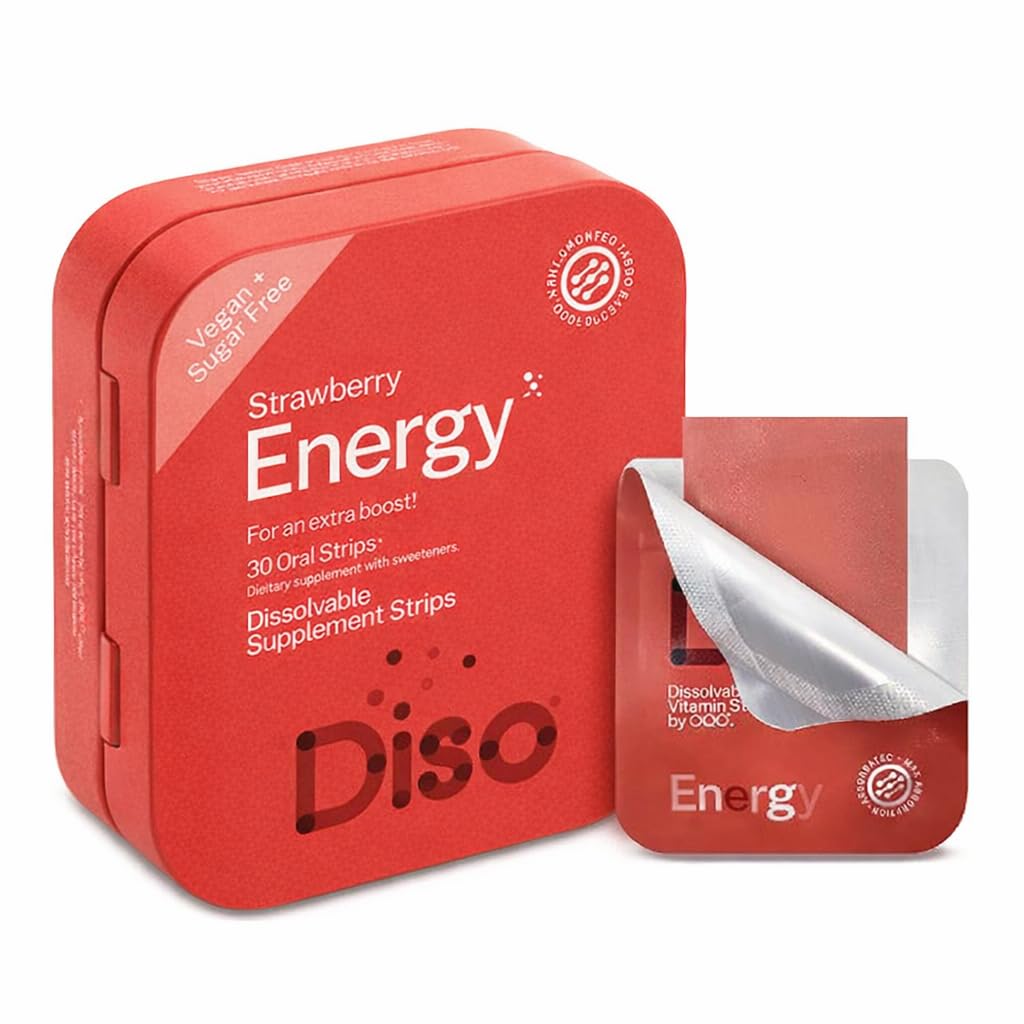 DISO - エネルギー - ビタミン、イチゴ味、ビーガン、砂糖無料、高吸収、グルテンフリー、個別にラップ、30分解性ストリップとカフェインストリップを高速溶解