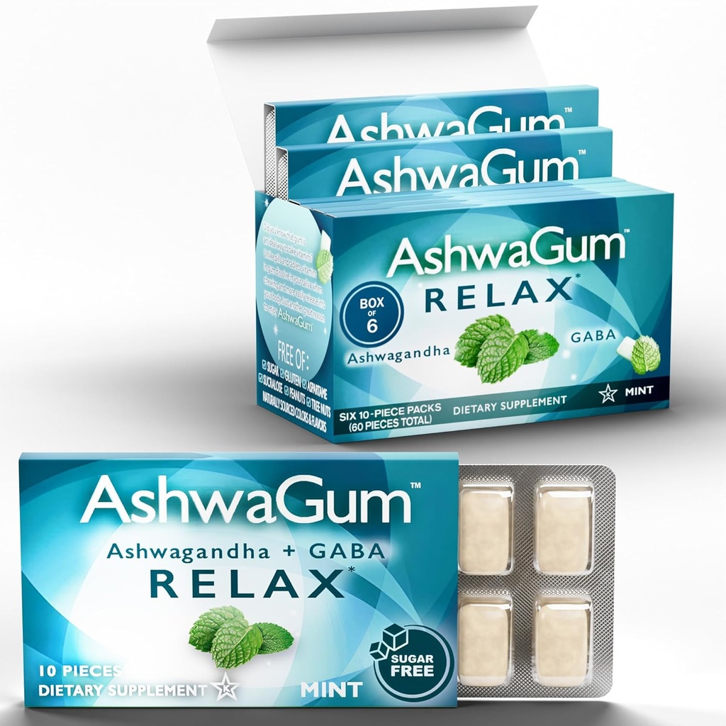 AshwaGum ReLAX Gum、KSM 66 Ashwagandha と Gaba の高効力の補足、ストレスと不安の救済、Cortisol サポート、グミー、砂糖なし、10 個 - 6 パック
