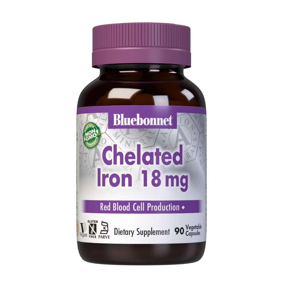 Bluebonnet栄養シェレート鉄18mg - 非便秘鉄 - 大豆フリー、グルテンフリー、非GMO、コーシャ認定、乳液フリー、ビーガン - 90野菜カプセル、90サービング
