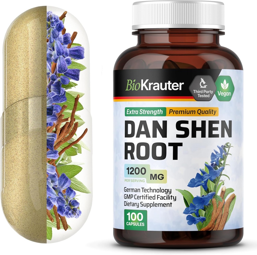 BIO KRAUTER Dan Shen Root カプセル - 1200 mg 強度 - 100 赤いセージキャップ - 抗酸化物質 - サルビア Miltiorrhiza ルート - ビーガン