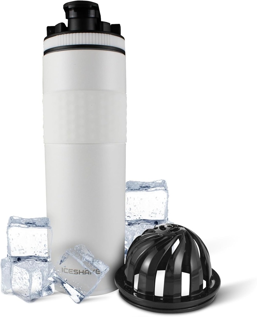 アイスシェーカー絶縁ステンレスシェーカーボトル | 20 oz、白 | 24 時間冷やす | ツイストオン攪拌機付き断熱カップ | たんぱく質シェイクス、水、スムージー、カクテル用無臭ボトル