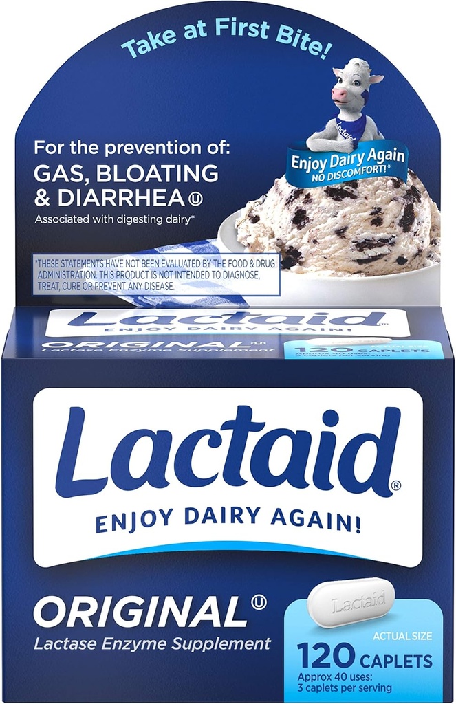 LactaidのLactaseの酵素のカプレットの原物- 120のカプレット、6のパック