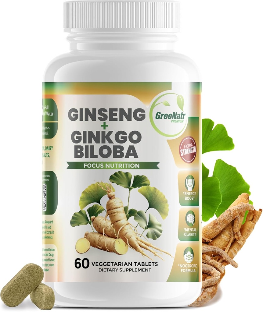 GreeNatr Ginko Biloba&Panax Ginsengサプリメント - 記憶と焦点のための赤いGinseng脳サプリメント - グッドビジョン、免疫システム、および改善された血流のためのGinkgo Bilobaサプリメント - 60錠