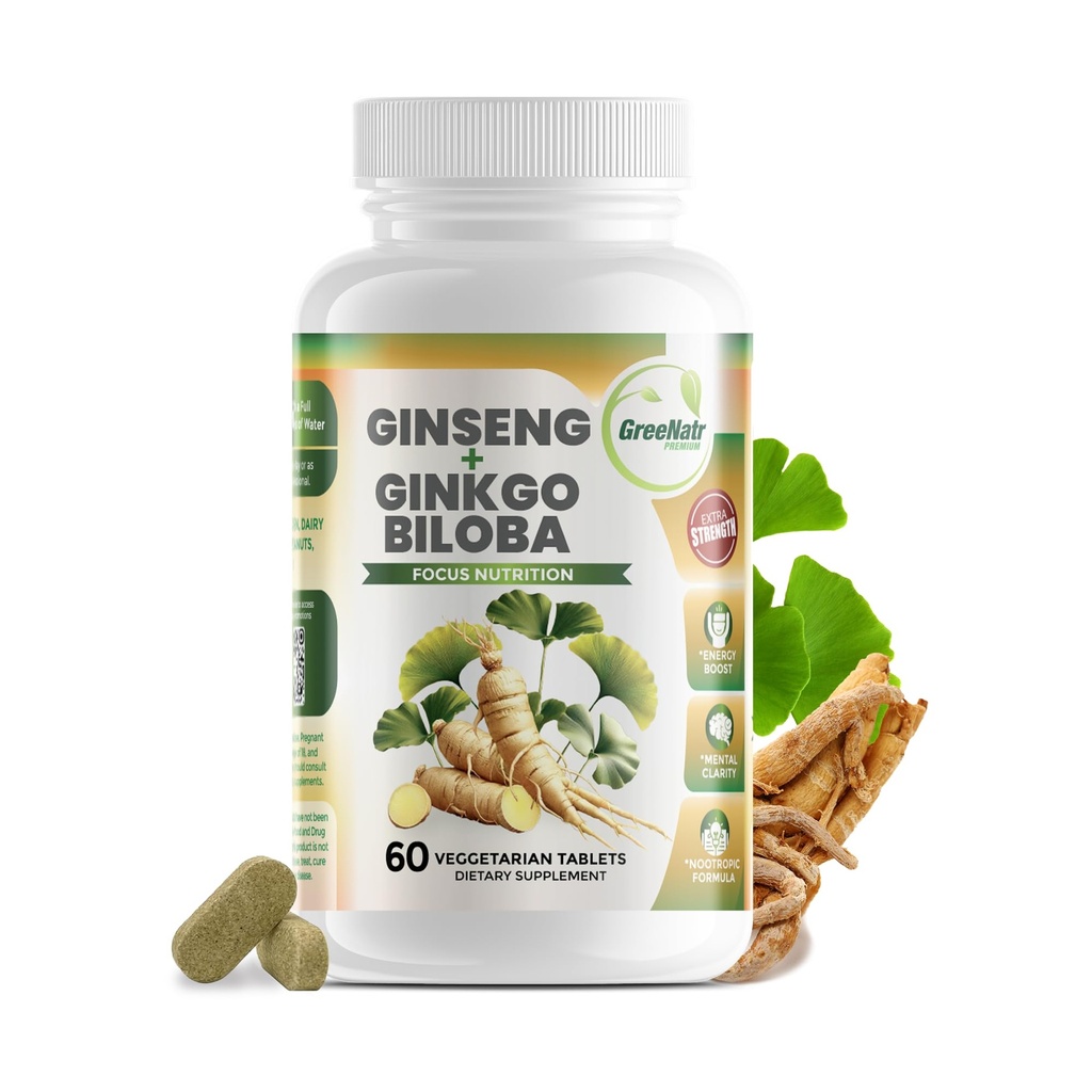 GreeNatr Ginko Biloba&Panax Ginsengサプリメント - 記憶と焦点のための赤いGinseng脳サプリメント - グッドビジョン、免疫システム、および改善された血流のためのGinkgo Bilobaサプリメント - 60錠