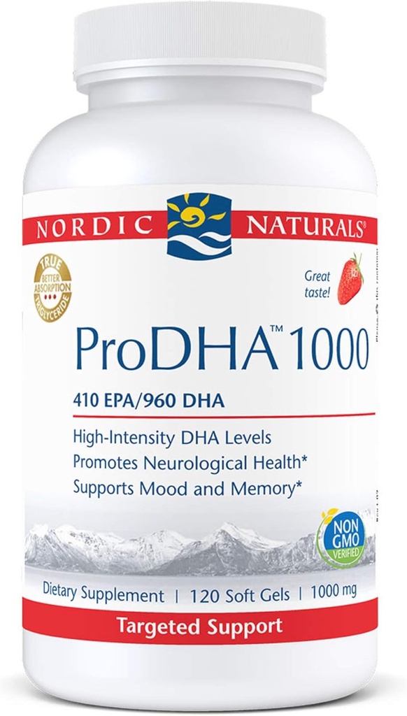 Nordic Naturals ProDHA 1000、いちご - 120 ソフトジェル - 1660 mg Omega-3 - 神経衛生、気分と記憶のための高強度 DHA フォーミュラ - Non-GMO - 60 サービング