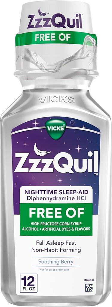 ZzzQuil、夜睡眠の援助の液体、アルコール及び人工的なダイス、50のmg Diphenhydramine HCl、No.1睡眠の援助のブランド、落下睡眠の速い、非ウサギの形成、なだめる果実味、12のFLのOZ