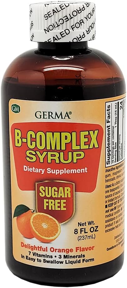 Germa B-Complex Syrup. Dietary Supplement. Bone Health, Growth and Development Aid. Sugar Free. Orange Flavor. 8 oz