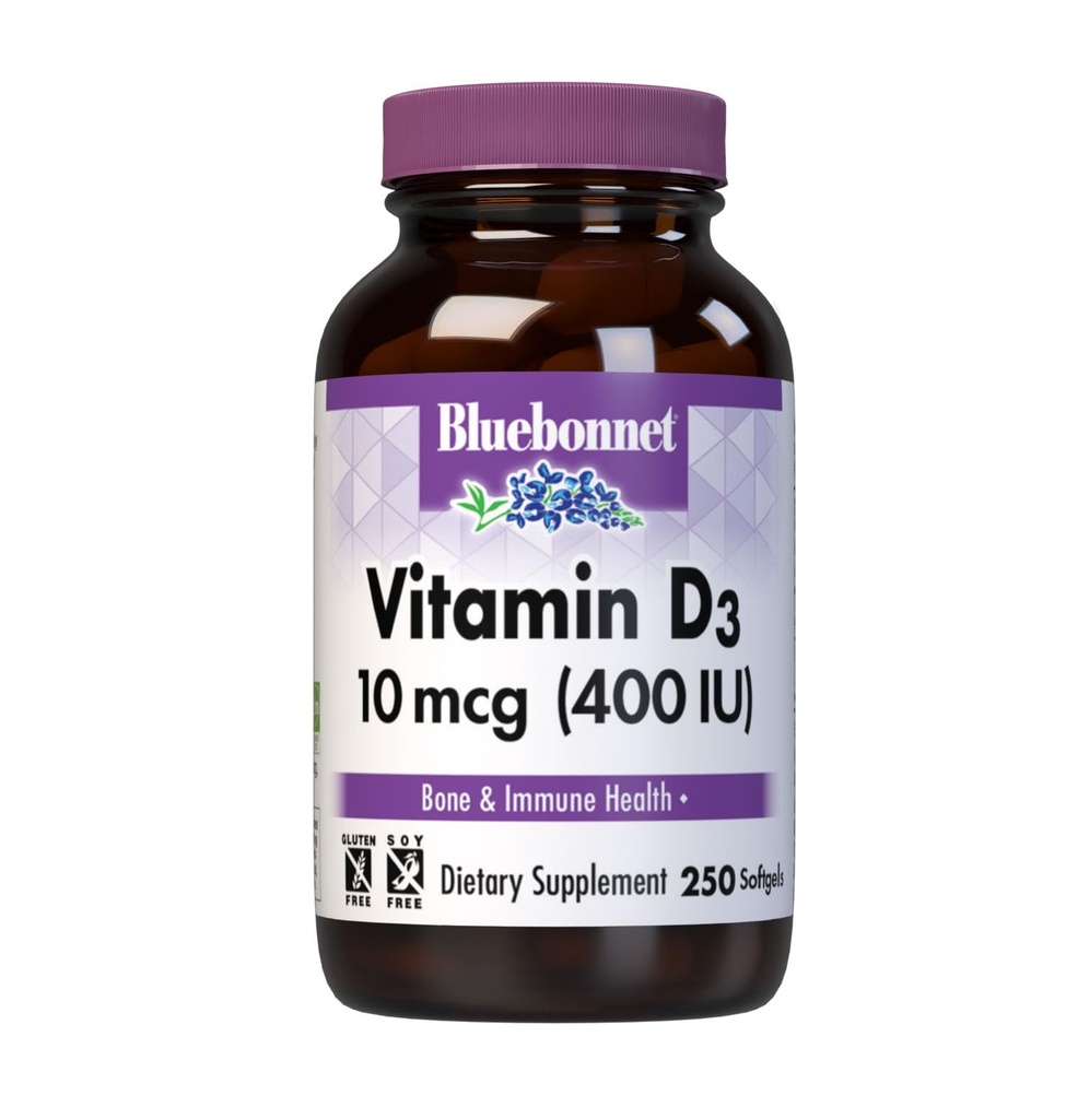 Bluebonnet栄養ビタミンD3 400 IU Softgels、筋肉と骨格成長のエイズ、魚油、非GMO、グルテンフリー、大豆フリー、乳液フリー、250 Softgelsからのコレステロール
