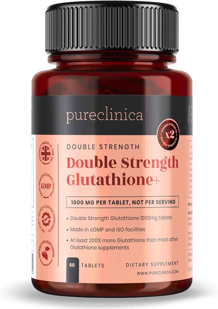 Pureclinica グルタチオン 1000mg x 60 錠。 500mg グルタチオン、300mg ALA、および 200mg ビタミン C 錠あたり。