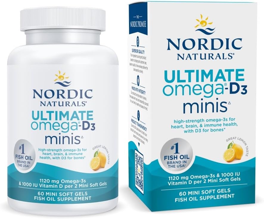 Nordic Naturals Ultimate Omega Mini D3, Lemon Flavor - 60 Mini Soft Gels - 1120 mg Omega-3 + 1000 IU Vitamin D3 - EPA & DHA - Promotes Brain & Heart Health - 30 Servings