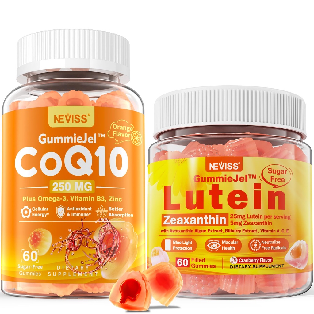 NEVISS 砂糖フリー CoQ10 ガミー 60 カウント + ルテイン ガミー 60 カウント