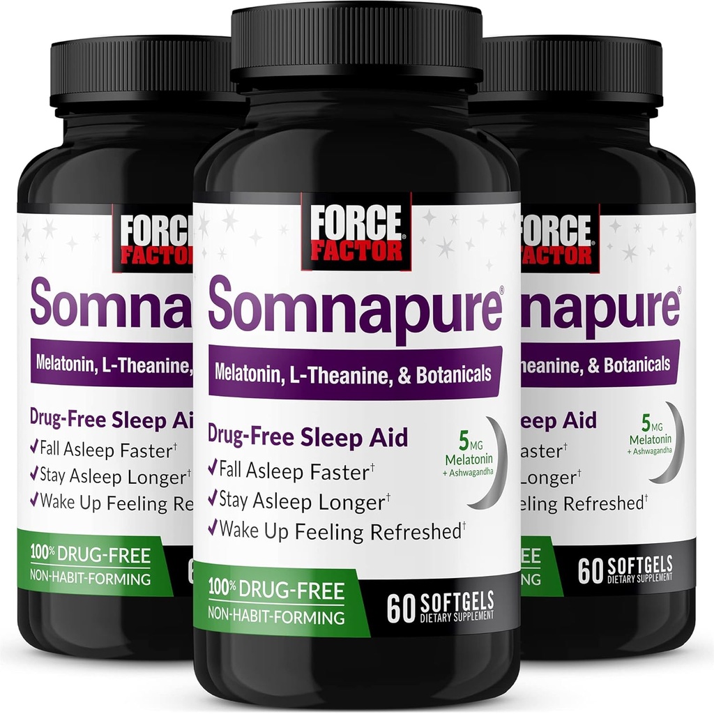 FORCE FACTOR Somnapure Softgels 3-Pack Sleep Aid to Fall Asleep Faster, Stay Asleep Longer, Wake Upは、Melatonin、Ashwagandha、Valeian Root、180 Softgelsと大人のための睡眠補助金をリフレッシュ