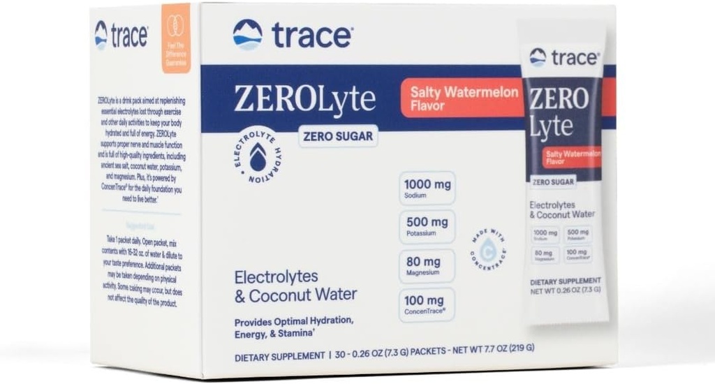 Trace Minerals ZeroLyte - Sodium & Electrolyte Replenishment - Energy & Hydration Support Drink Powder - Nerve & Muscle Function Support - Salty Watermelon, 30 Packets (30 Servings)