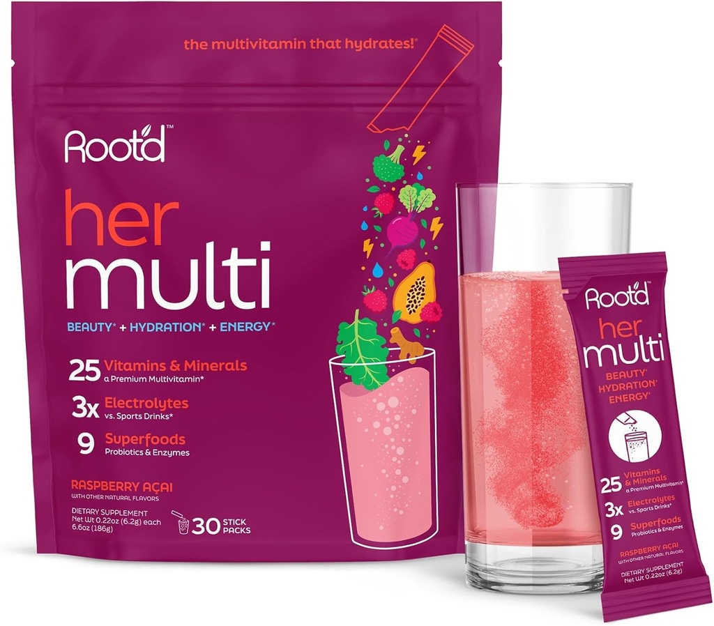 女性のためのRoot'd Multivitaminパウダー - 3X電解質、9有機スーパーフード、プロバイオティクス&酵素、砂糖フリーマルチビタミン&水分補給  30ビタミンドリンクミックスパケット