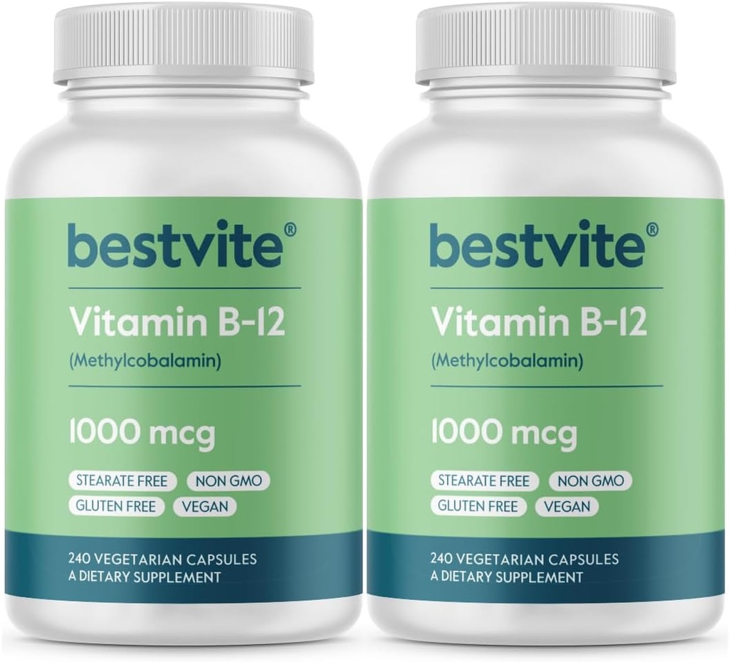 BESTVITEビタミンB12(メチルコバラミン)1000mcg(480ベジタリアンカプセル)(2 x 240)(メチルB12) - いいえステアレートなし - ビーガン - 非GMO -グルテンフリー無料