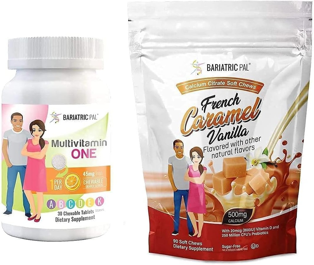 BariatricPal 30-Day Bariatric Vitamin Bundle (Multivitamin ONE 1 per Day! with 45mg Iron Chewable - Orange Citrus and Calcium Citrate Soft Chews 500mg with Probiotics - French Caramel Vanilla)