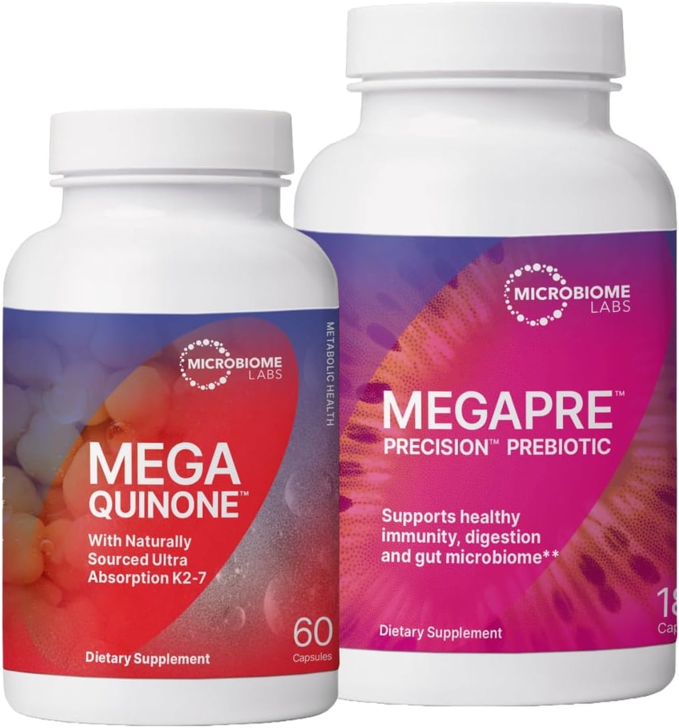Microbiome Labs MegaPre Prebiotic to Support Digestion & Gut Barrier (180 Capsules) + MegaQuinone K2-7 Complete Vitamin K Supplement with Magnesium, Zinc (60 Capsules) - 2 Product Bundle