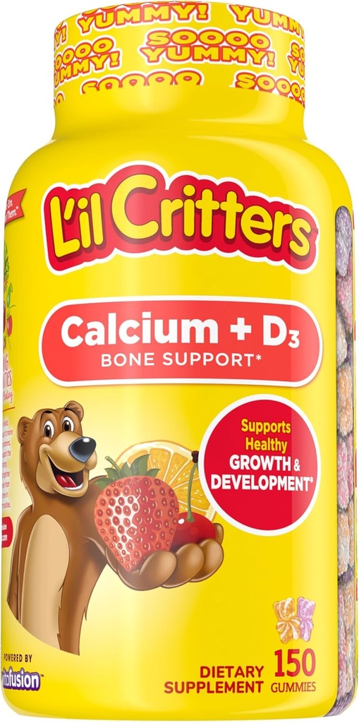L’il Critters Calcium + D3 ベビーサポート、オレンジ、イチゴ、チェリーフレーバー、150 ガミー