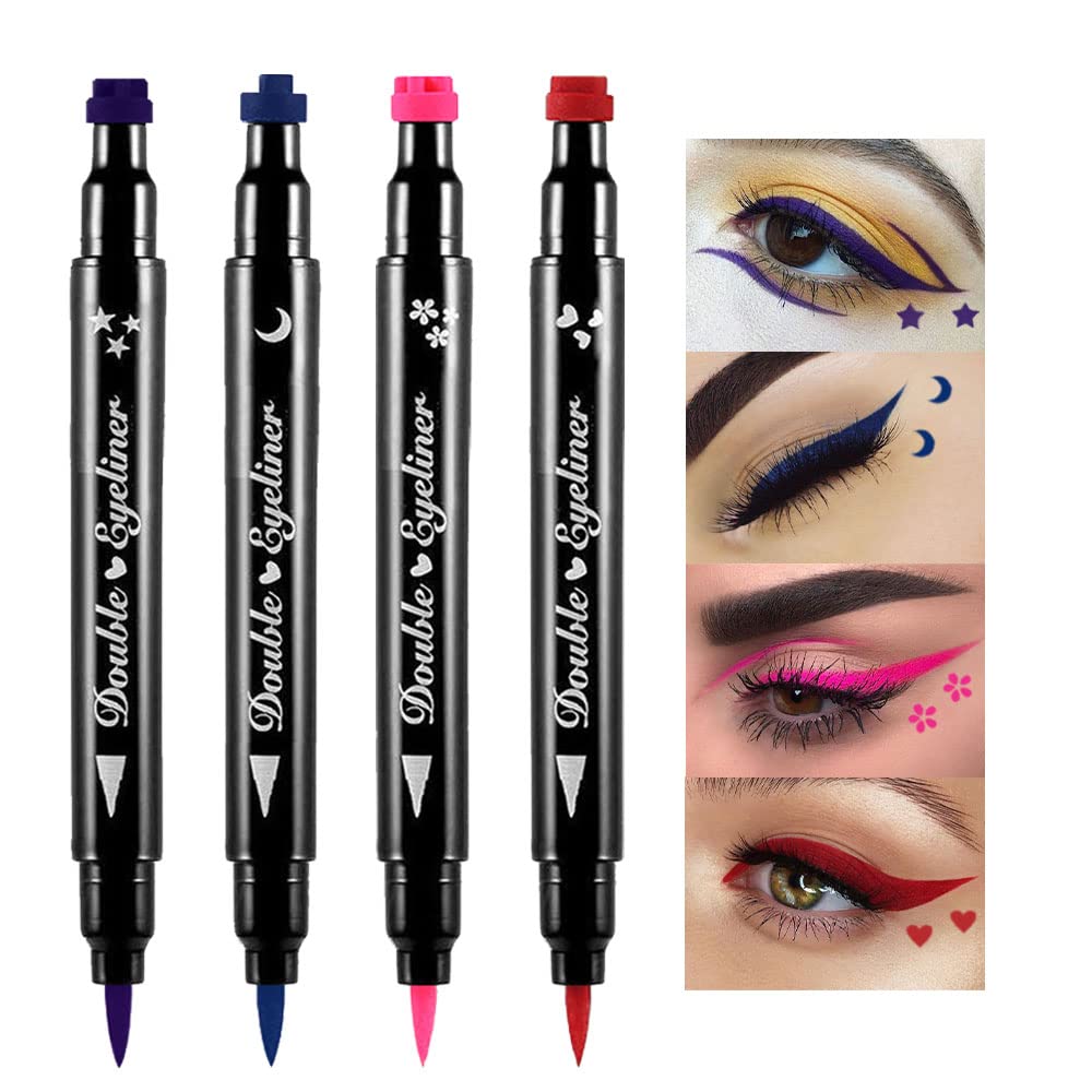 BINGBRUSH Double-sided Liquid Stamp Eyeliner Pen, Face Stamps Makeup Extremely Black Waterproof Slim Gel Felt Tip High Black Pigment Liquid Eyeliner & Seal resina para tips de gel(Colorful)
