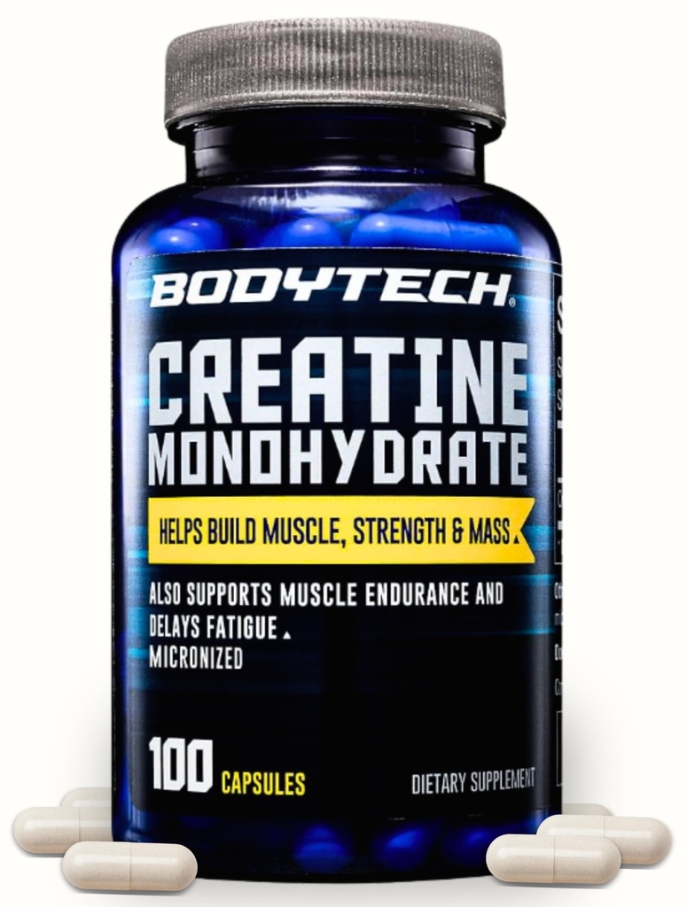 BODYTECHのクレアチンの一水化物はMicronizedサポート筋肉強さ、固まりおよび持久力(100のカプセル)をカプセルに入れます