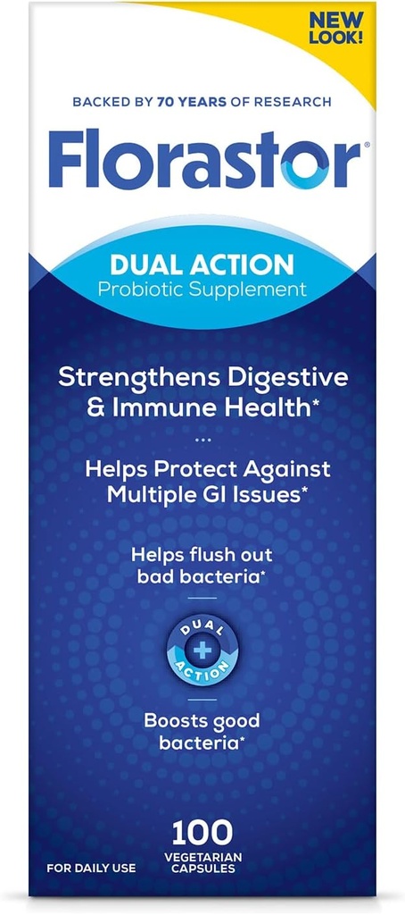 Florastor Probiotics for Digestive and Immune Health, 100 Capsules, Probiotics for Women & Men, Helps Flush Out Bad Bacteria, Boosts The Good with Our Unique Strain Saccharomyces Boulardii