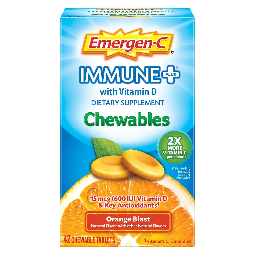 Emergen-C Immune + Chewables 1000mgビタミンCとビタミンDタブレット、免疫力のための免疫サポート栄養補助食品、オレンジブラスト風味、学校エッセンシャルに戻る - 42カウント