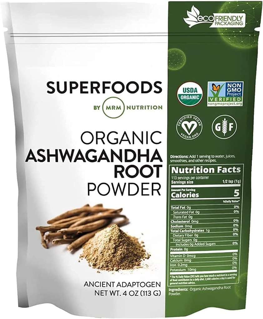 MRM Nutrition Organic Ashwagandha Root Powder | Superfoods | Ancient adaptogen | Antioxidants | Vegan + Gluten-Free | 113 Servings