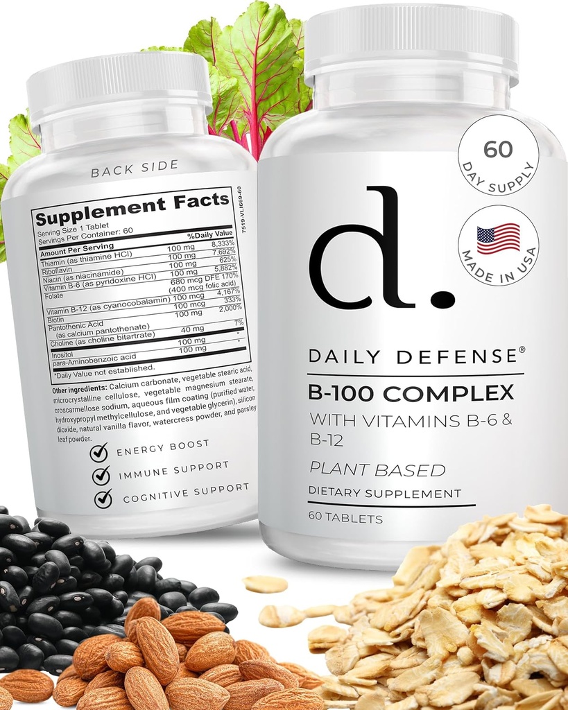 B Complex Vitamins for Men & Women B-100 Complex with Vitamin B-6, Vitamin B-12, Thiamin, & More - Plant Based Energy Supplements for Immune & Cognitive Support - 60 Tablets