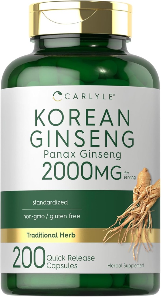カルライル韓国ジンセンエキスカプセル2000mg | 200カプセル | 非GMOとグルテンフリーフォーミュラ | 標準化されたパンアックス・ギンセンサプリメント