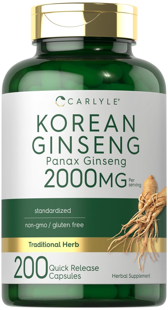 カルライル韓国ジンセンエキスカプセル2000mg | 200カプセル | 非GMOとグルテンフリーフォーミュラ | 標準化されたパンアックス・ギンセンサプリメント