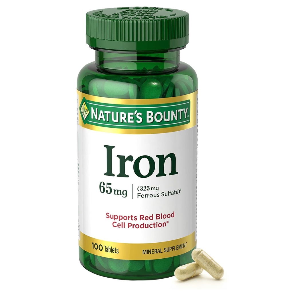 Nature's Bounty Iron 65mg、325 mg の鉄硫酸塩、細胞エネルギー サポートは、正常な赤血球の生産を促進します、1 日あたりのサービング、グルテンフリーグルテン、100 菜食主義者のタブレット