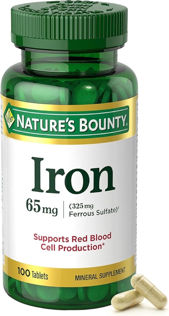 Nature's Bounty Iron 65mg、325 mg の鉄硫酸塩、細胞エネルギー サポートは、正常な赤血球の生産を促進します、1 日あたりのサービング、グルテンフリーグルテン、100 菜食主義者のタブレット