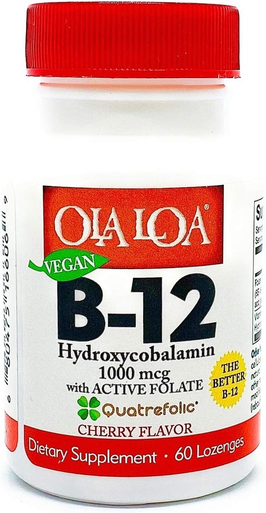 Ola LoaビタミンB12サブリンガルチェリー栄養補助食品 - HydroxyCobalamin, アクティブフォレート, ビーガンフォーミュラ - あなたの体のエネルギーを促進します, 神経, 脳サポート - 60 錠