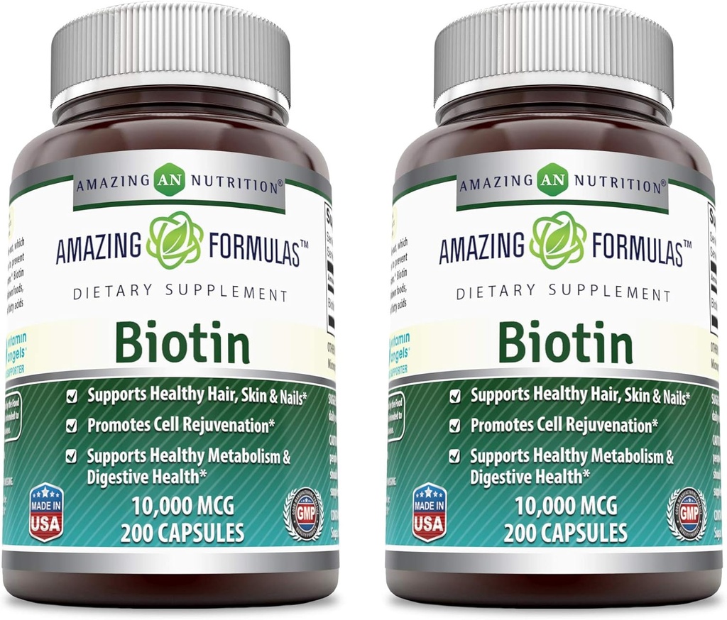 アメイジングフォーミュラ ビオチン 10000 mcg ベジギーカプセル | ビタミンB7サプリメント | 非GMO | グルテンフリー | アメリカ製 (200 カウント | 2 パック)